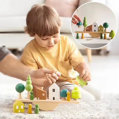 Jouet d'enfilage en bois utilisé par un enfant, stimulant l'éveil sensoriel avec des pièces colorées.