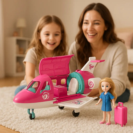 maman et sa fille qui sourit a l'avion de poupée