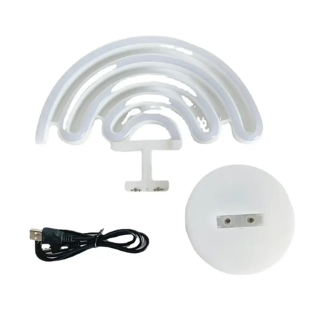 Veilleuse arc-en-ciel avec câble USB et support, idéale pour rassurer les enfants la nuit.