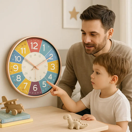garçon et papa qui regardent un horloge